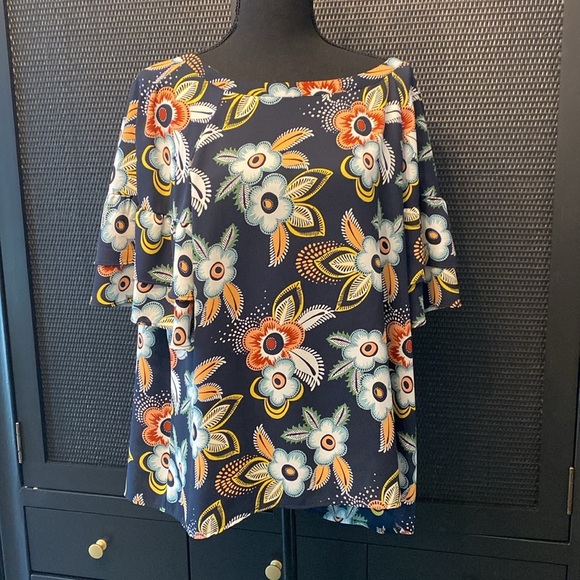 - Loft Tie Back Ruffle Bell Sleeve Floral Multi Navy Blouse - Picture 1 of 6